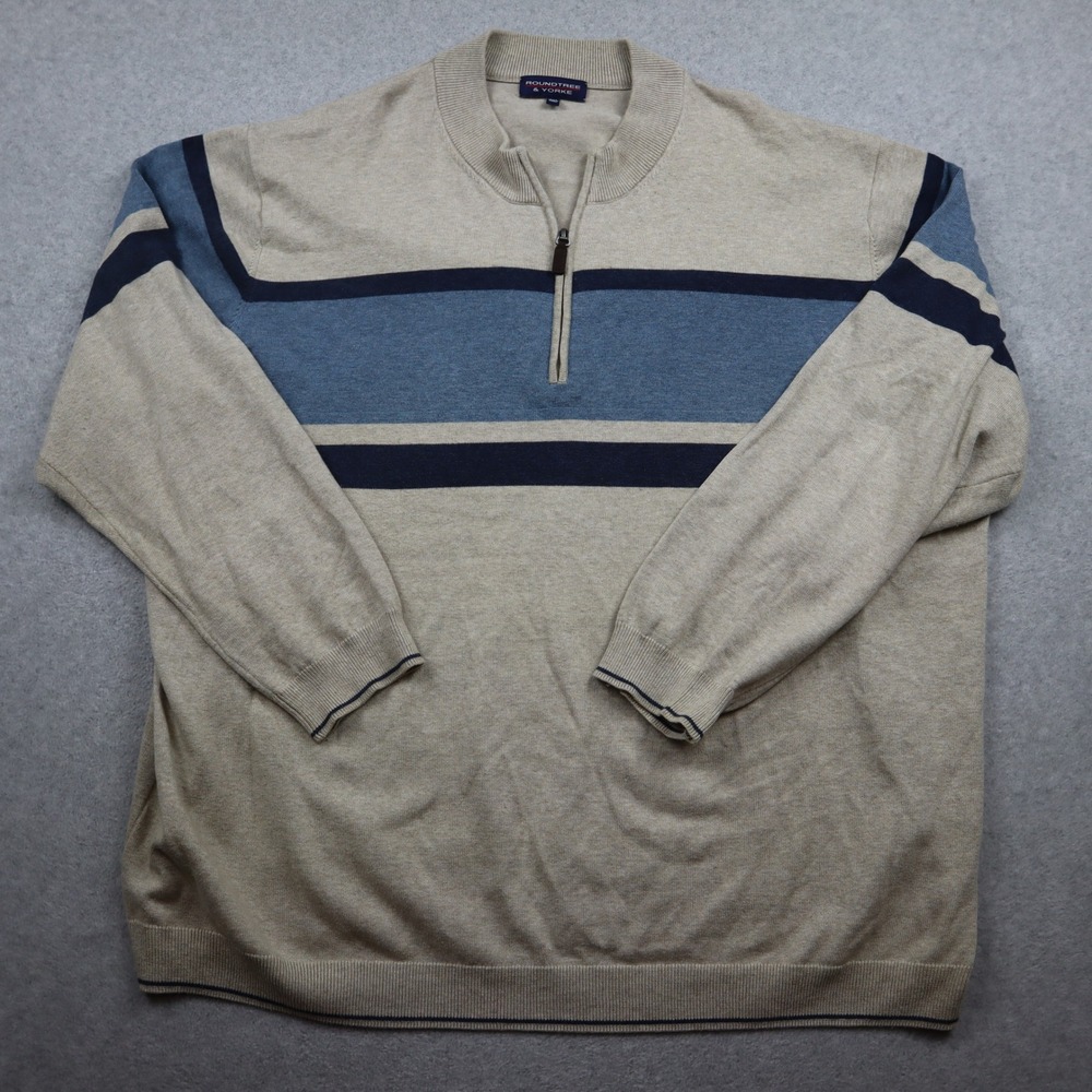 Roundtree & Yorke Sweater Mens 4XT 1/4-Zip Pullover Tan Blue Striped Mock Neck